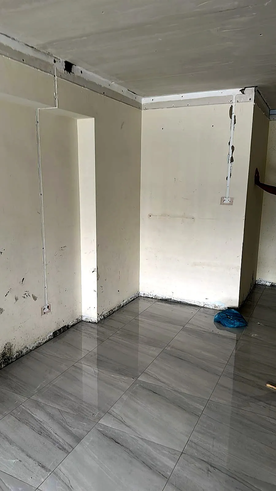 A unit stripped back to bare painted walls and surface conduit, ready for the landlord's handover inspection
